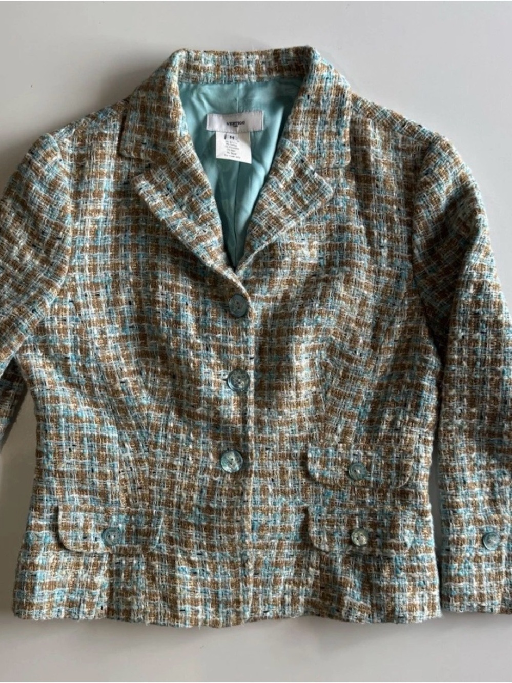 Vintage Vertigo Paris Jacket in Size Medium Baby Blue Tweed